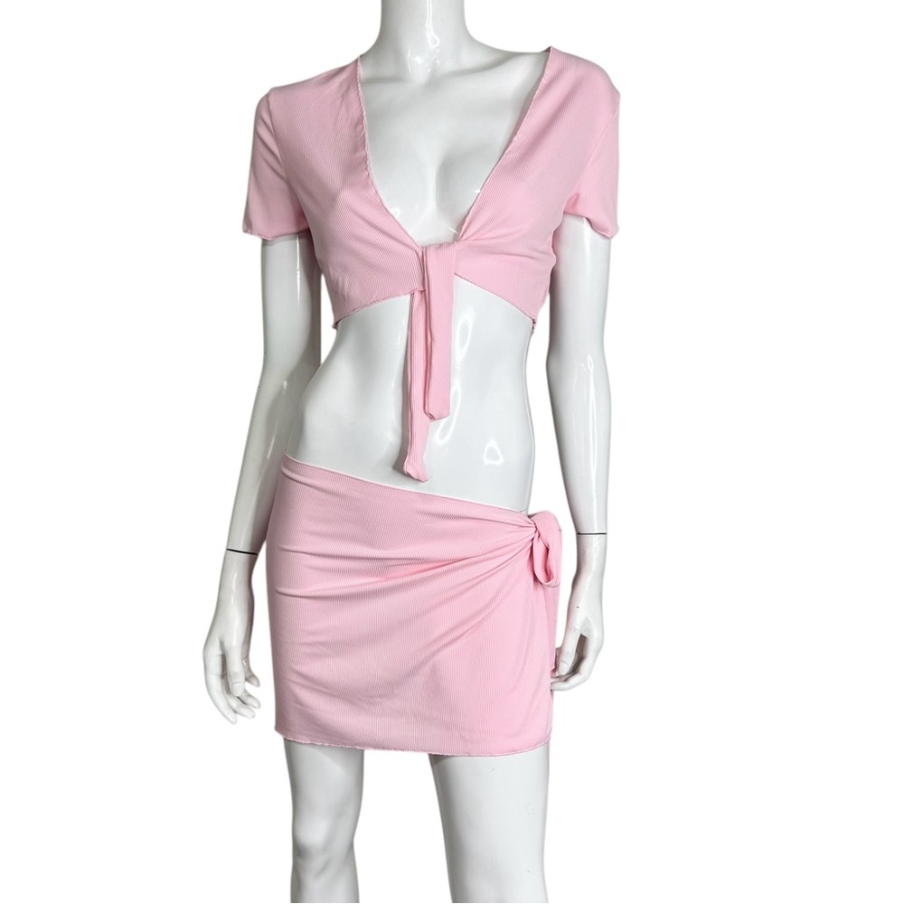 SHEIN Pink Tie-Front Crop Top and Skirt Set